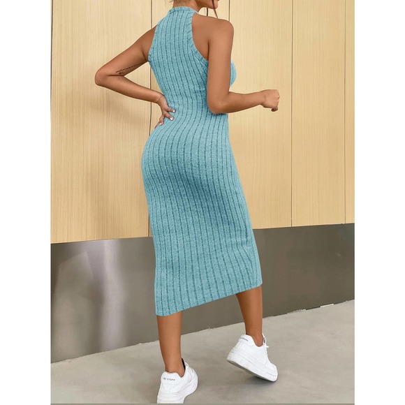 Minimalist Halter ribbed knot Bodycon midi Dress green - Picture 9 of 12